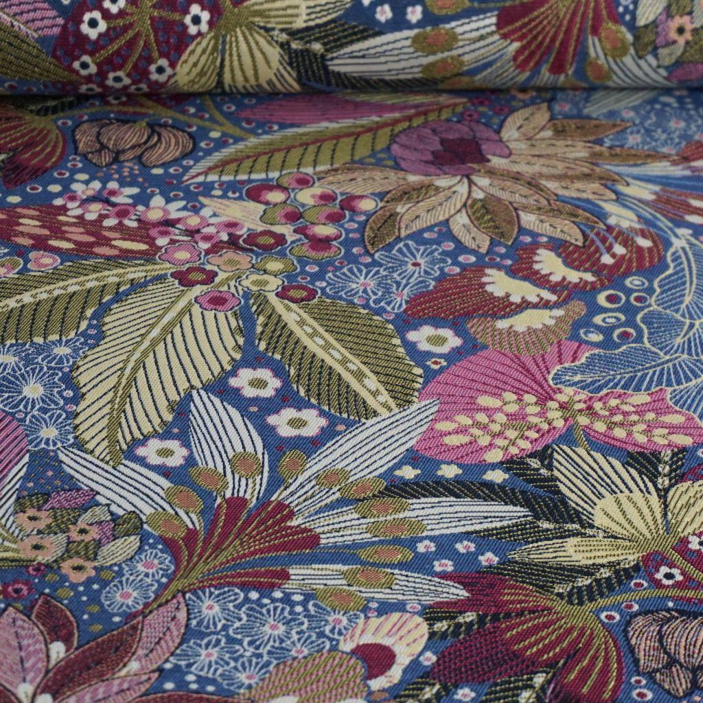 Dekostoff Jacquard Blüten violett blau grün
